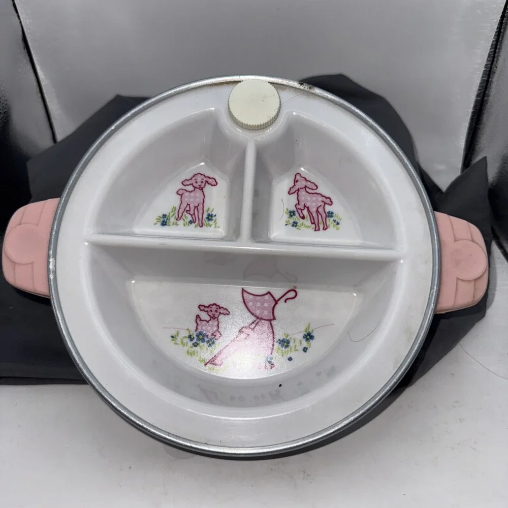Vintage Pink Divided Dish Baby Warmer Warming Food Plate Handles Lamb Bo Peep